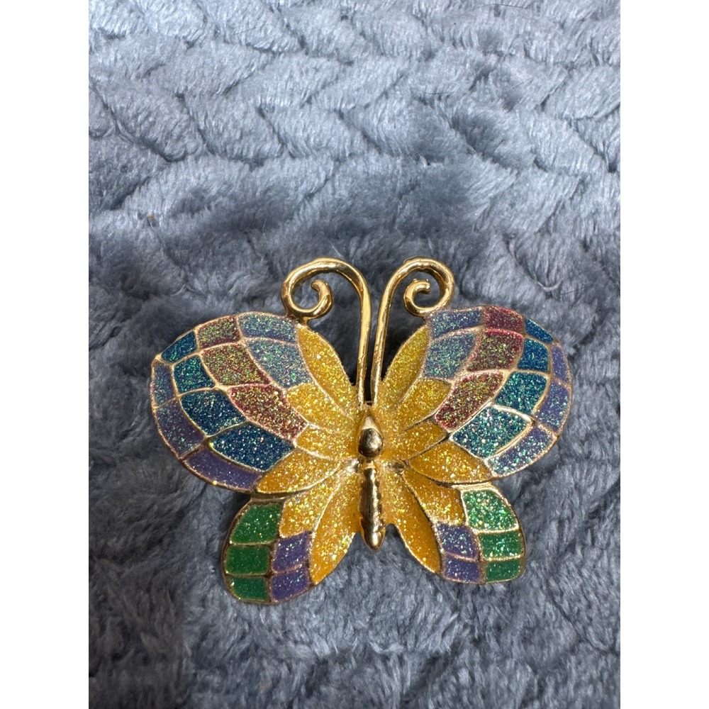 Vintage Gold Tone Multicolor Glitter Enamel Butterfly Brooch Pin‎ 2" Whimsical